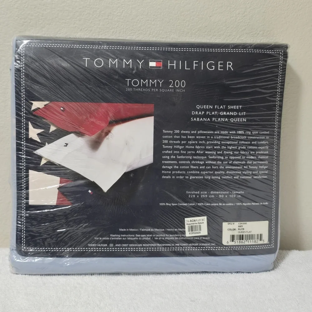 Vintage 90s Tommy Hilfiger Sky‎ Blue Queen Flat Sheet Cotton New